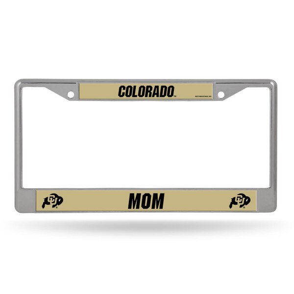 A silver chrome license plate frame with "Colorado" written in black on top and "Mom" written in black on bottom. There are two CU Buffalo logos on either bottom corner.